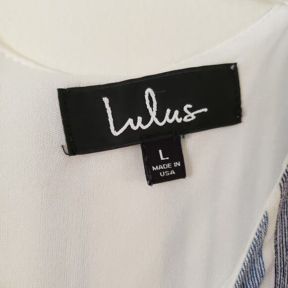 Lulu's Shift Dress Short Sleeve Rayon Blue White Vertical Stripes Mini Dress L - Picture 8 of 9